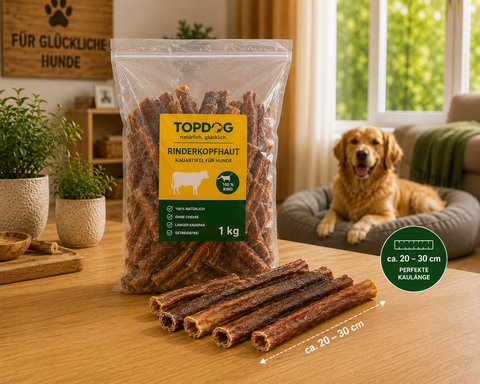 TOPDOG Rinderkopfhaut 20–30 cm – Naturkauartikel für Hunde (100 % Rind, ohne Zusatzstoffe)