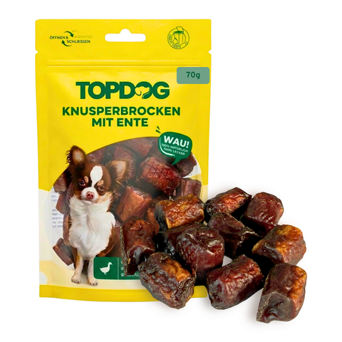 TOPDOG Knusperbrocken mit Ente – Trainingssnack für Hunde (70 g, 90 % Entenfilet)