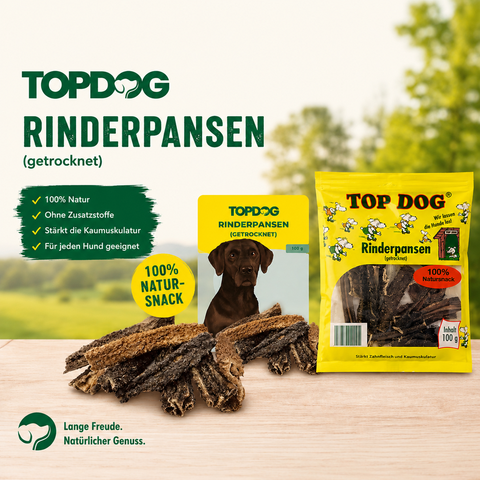 TOPDOG Rinderpansen 10 × 100 g – Naturkauartikel für Hunde (Portionsbeutel, ohne Zusatzstoffe)