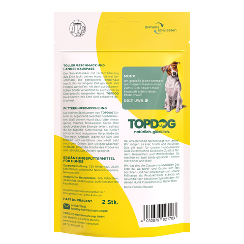 TOPDOG Kauknochen mit Ente – Kausnack für Hunde (2 Stück, zuckerfrei, getreidefrei)