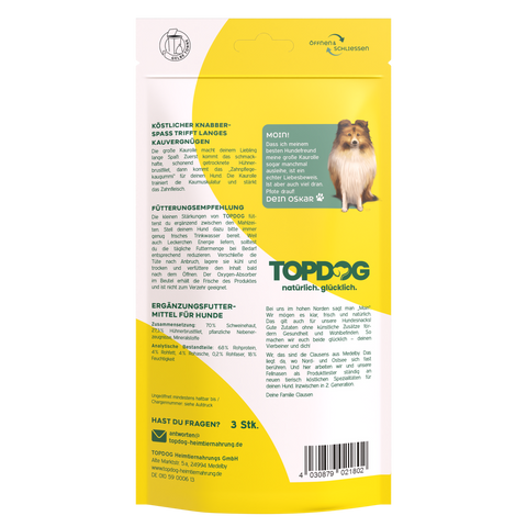 TOPDOG Maxi Kaurolle Hühnerbrust – Kausnack für Hunde (3 Stück, getreidefrei, zuckerfrei)
