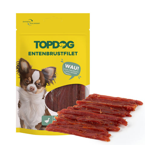 TOPDOG Entenbrustfilet in Streifen – Trainingssnack für Hunde (80 g, 96,8 % Ente)