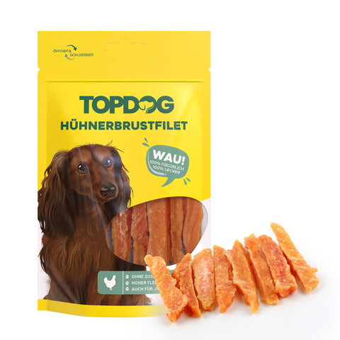 TOPDOG Hühnerbrustfilet in Streifen – Trainingssnack für Hunde (80 g, 96,8 % Huhn)