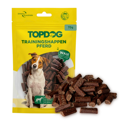 TOPDOG Trainingshappen Pferd – Trainingssnack für Hunde (70 g, 91 % Pferdefleisch)