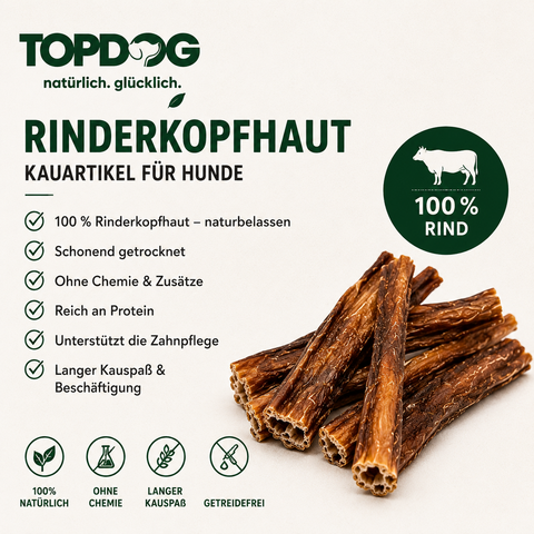 TOPDOG Rinderkopfhaut 20–30 cm – Naturkauartikel für Hunde (100 % Rind, ohne Zusatzstoffe)